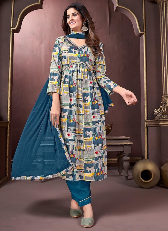 Rayon Aqua Blue Festival Wear Printed Readymade Kurti Set